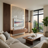 Contemporary Walnut Bronze TV Unit Design with Veined White Marble Slab Backdrop