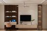 Modern Cream TV Unit Design with Floating Console and Glass Display Cabinet