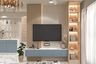 Transitional TV Unit Design with Backlit Slats and Denim Blue Console