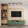 Contemporary TV Unit Design with Sage Green Console and Floor Shelving