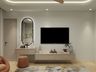 Scandinavian TV Unit Design with Floating Console and Illuminated Oval Mirror