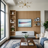 White and Teak Contemporary TV Unit Design with Floor To Ceiling Slatted Backdrop