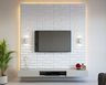 Minimal TV Unit Design with Geometric Textured Wall and Gray Console