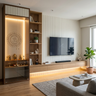 Contemporary Teak TV Unit Design with Seamless Integrated Pooja Room Mandir