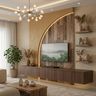 TV Unit Design with Walnut Brown and Curved LED Glow