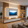 Modern TV Unit Design with Protruding White and Walnut Central Mounting Panel