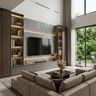 Walnut and Mocha Modern TV Unit Design with Open Shelves and Brick Backdrop