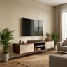 Beige and Canadian Walnut Minimal TV Unit Design with Matte Finish