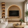 Teak and Rattan Scandinavian TV Unit Design with Illuminated Architectural Arch