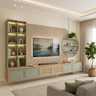 Contemporary TV Unit Design with Oversized Circular Sage Green Backdrop