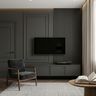 Charcoal-Grey Matte Finish Transitional TV Unit Design with Slatted Wall