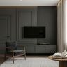 Transitional Wall Design with Deep Grey Dark Toned TV Feature Setup