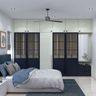 Classic 5-Door Swing Wardrobe Design with Blue Panels and White Loft Storage