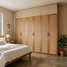 Scandinavian Swing Wardrobe Design with Cane Panel Doors and Beige Overhead Cabinets