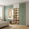 6-Door Modern Swing Wardrobe Design with Integrated Makeup Vanity and Mirror