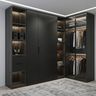 Black and Wood Contemporary L-Shaped Wardrobe Design with Fluted Glass and Open Shelves