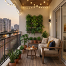 Balcony Design with String Lights and Vertical Plant Wall
