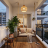 Balcony Design with Wooden Swing Sofa and Hanging Plants