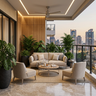 Large Balcony Design with Wooden Accent Wall and Lounge Seating