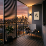 Balcony Design with Dark Charcoal Wall, Grey Armchair, Metal Table, and City Skyline View.