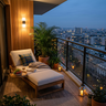 Cozy Balcony Design Daybed Wall Sconce,Potted Plants, and Candle Lanterns.