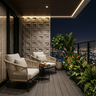 Armchairs and Textured wall complemts the wooden flooring and the ceiling