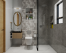 White Grey Bathroom Design with Oval Mirror and Wall-Mounted Vanity