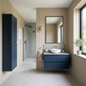 Contemporary Cream Bathroom Design with Navy Storage Cabinet