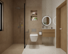 Terrazzo Accent Bathroom Design with Wall-Mounted Vanity and Walk-In Shower