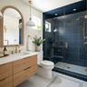 Contemporary Navy Blue Bathroom Design with Arch Top Mirror