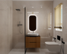 Beige White Bathroom Design with Oval Backlit Mirror and Vanity