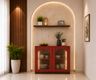 Red Crockery Unit with Fluted Glass Doors And Floating Shelf