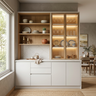 White and Oak Crockery Unit Design with Glass Cabinets and Base Storage