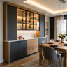 Grey and Oak Crockery Unit Design with Black Framed Glass Cabinets
