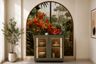 Green Low Crockery Unit with Illuminated Glass Doors and Arched Wallpaper