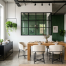 Dining room with sage green wishbone chairs, blue hutch, and light wood dining table