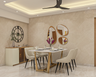 Marble Dining Room Design with Beige Chairs and Decorative Mirrors