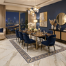 Dining Room Design with Blue Velvet Chairs and Black Cane Console Table