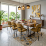 Dining Room Design with Yellow Chairs and Walnut Table