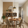 Dining Nook with Round Wooden Table and Fluted Wood Accent Wall