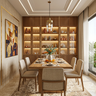 Dining Room Design with Full-Wall Backlit Wooden Display Cabinet