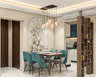 Dining Room Design with Teal Seating and Arched Wall Niche