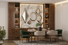 Walnut Dining Room Design with Green Velvet Chairs and Gold Mirrors