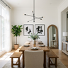 Dining Room Design with Long Wooden Table Benches and Black Chandelier Light