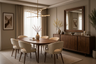 Oval Walnut Dining Room Design with Cream Seating and Brass Chandelier