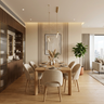 Dining Room Design with Walnut Cabinet and Curved Upholstered Chairs