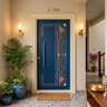 Blue Single Entrance Door Design with Brass Geometric Inlays