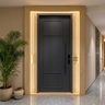 Grey Single Entrance Door Design with Smart Lock and Backlit Frame
