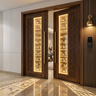 Backlit Double Pooja Door Design with Warli Art and Carved Jaali Borders