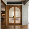Double Entrance Door Design with Arched Brass Grille and Reeded Glass